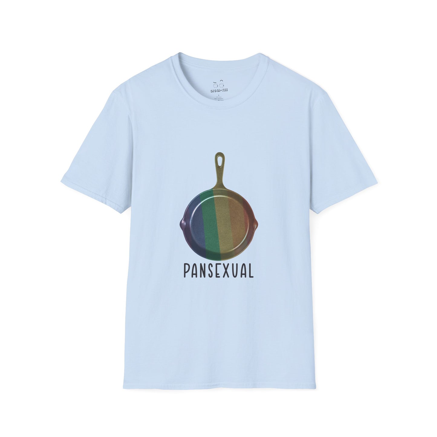 Pansexual shirt featuring a frying pan with a rainbow flag — because the joke wrote itself. Wear it hot.