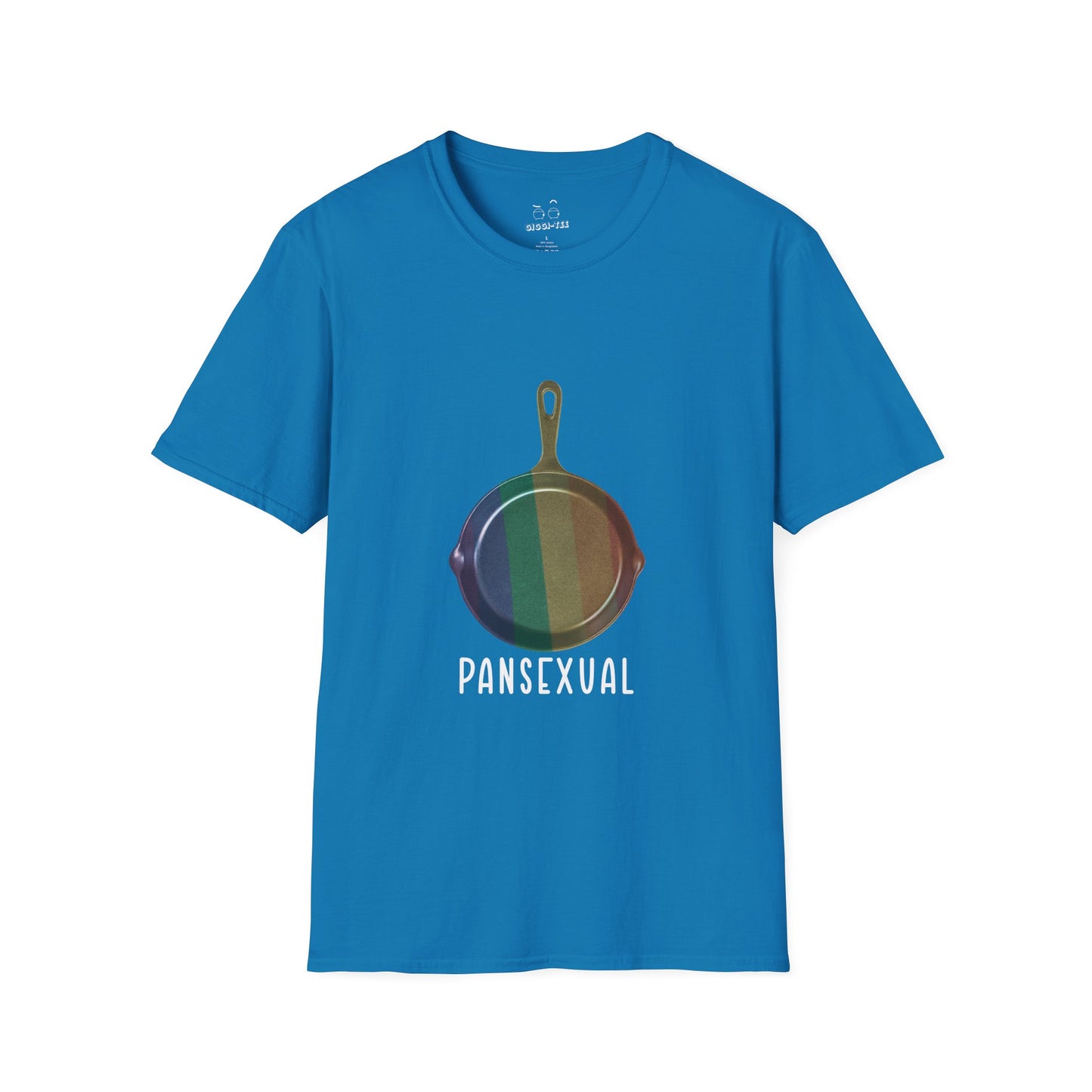 Pansexual shirt featuring a frying pan with a rainbow flag — because the joke wrote itself. Wear it hot.