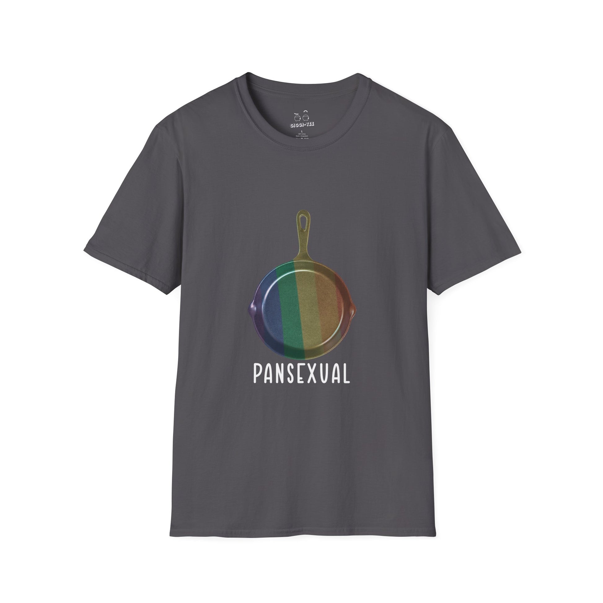 Pansexual shirt featuring a frying pan with a rainbow flag — because the joke wrote itself. Wear it hot.
