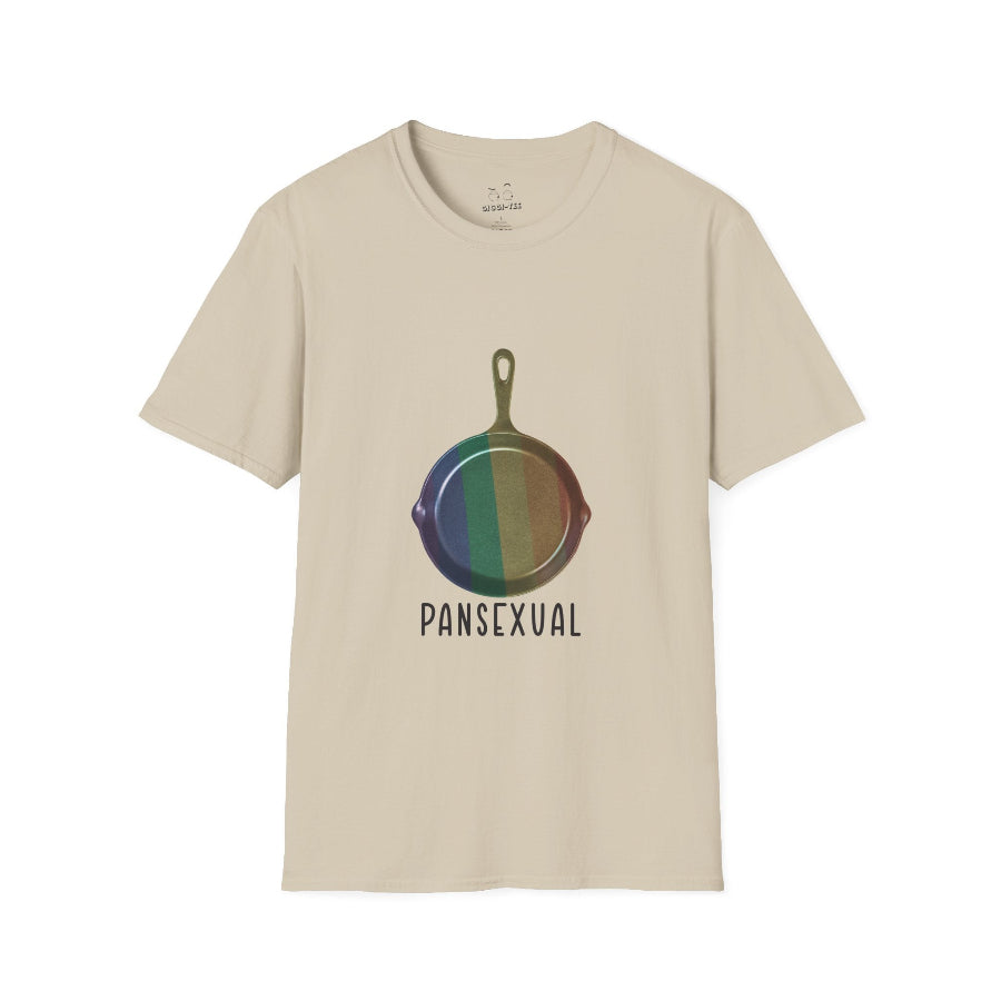 Pansexual shirt featuring a frying pan with a rainbow flag — because the joke wrote itself. Wear it hot.