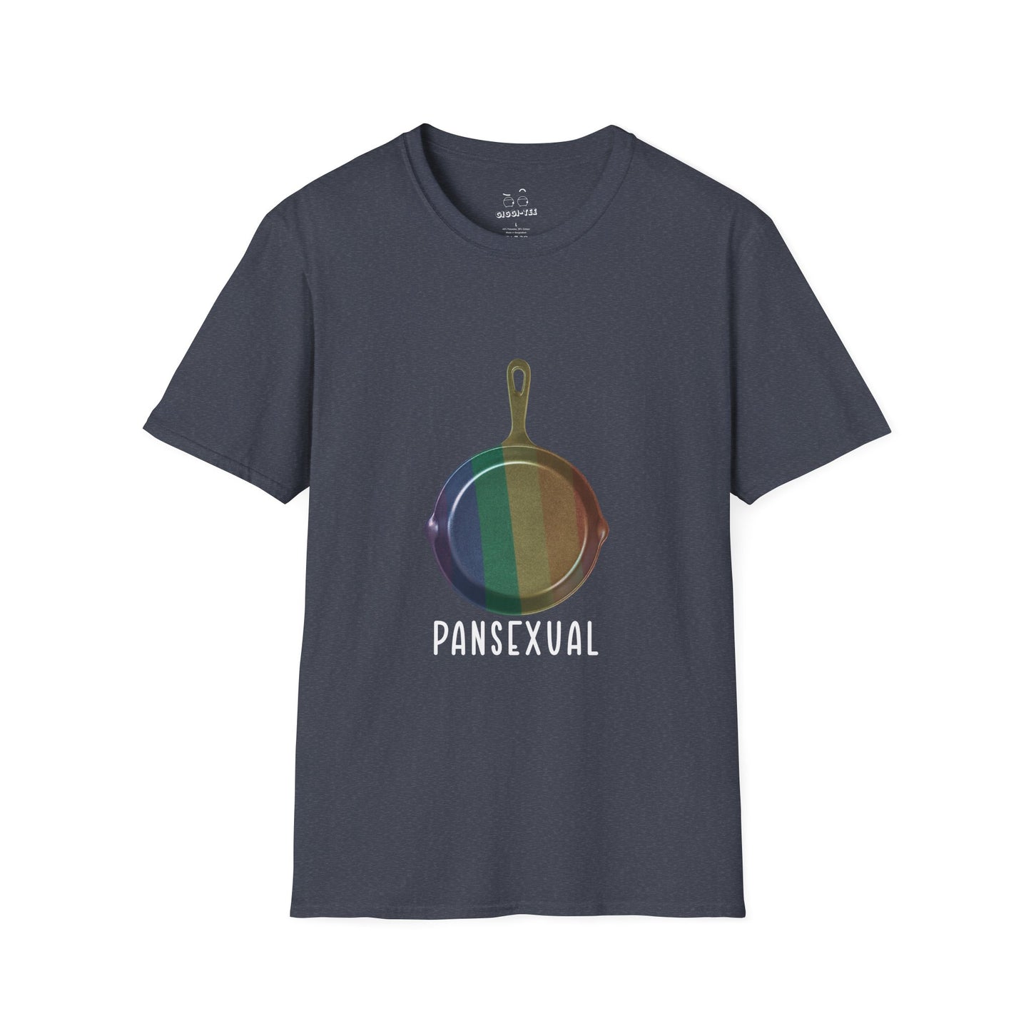 Pansexual shirt featuring a frying pan with a rainbow flag — because the joke wrote itself. Wear it hot.