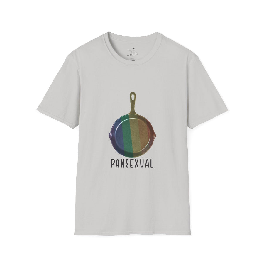 Pansexual shirt featuring a frying pan with a rainbow flag — because the joke wrote itself. Wear it hot.