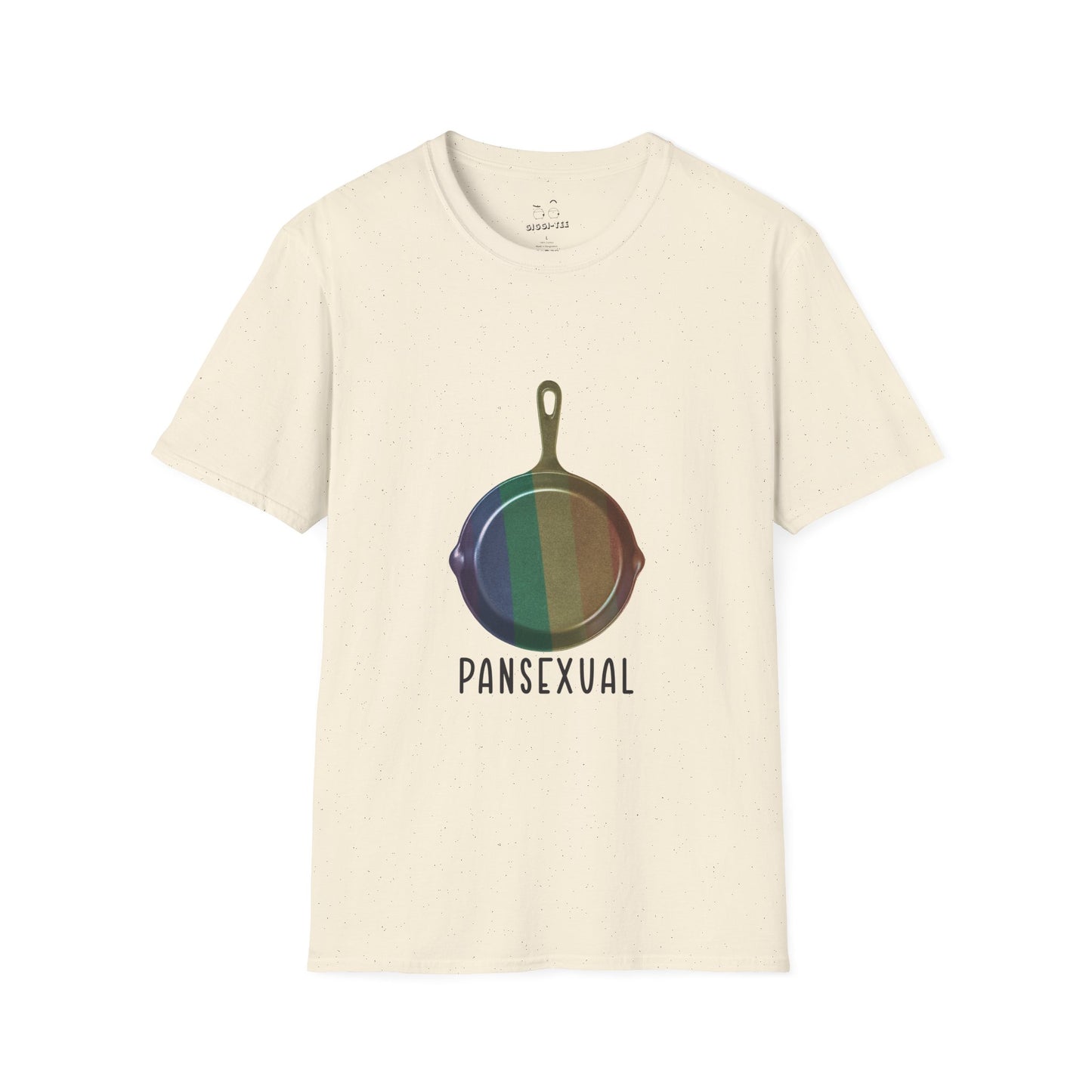 Pansexual shirt featuring a frying pan with a rainbow flag — because the joke wrote itself. Wear it hot.