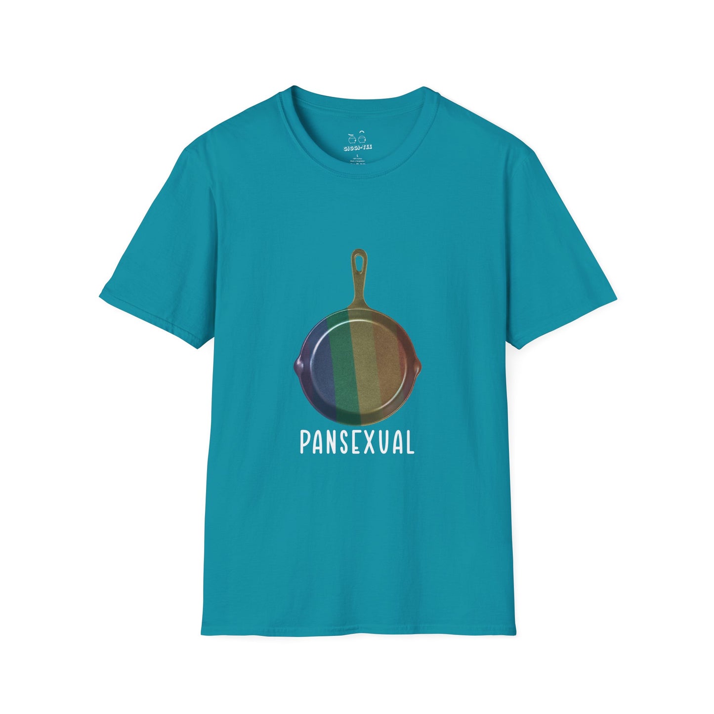 Pansexual shirt featuring a frying pan with a rainbow flag — because the joke wrote itself. Wear it hot.