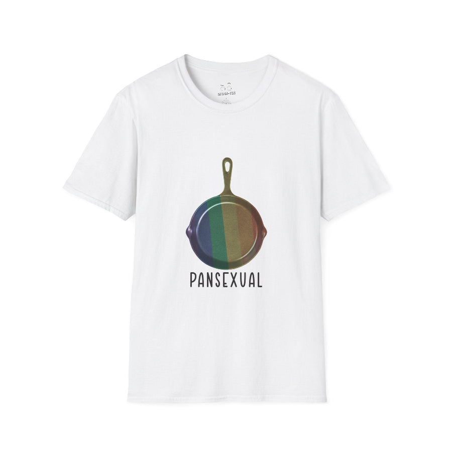 Pansexual shirt featuring a frying pan with a rainbow flag — because the joke wrote itself. Wear it hot.