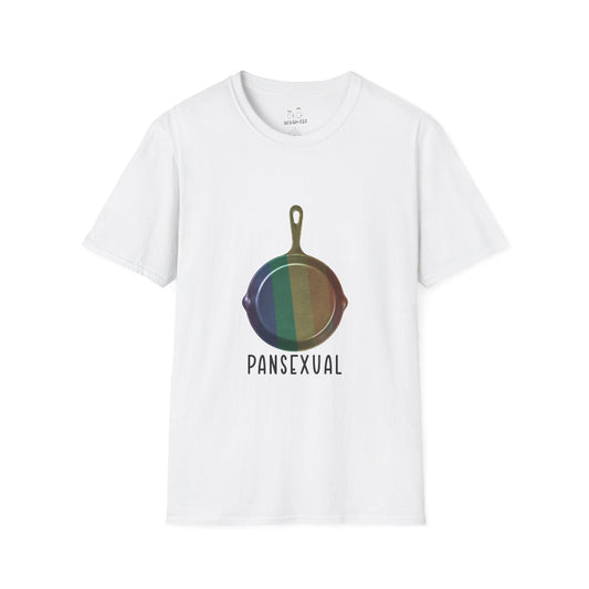 Pansexual shirt featuring a frying pan with a rainbow flag — because the joke wrote itself. Wear it hot.