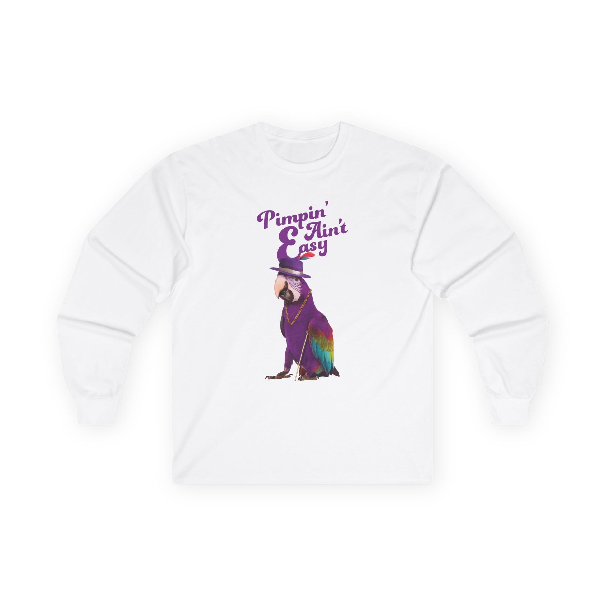 Funny parrot shirt with text “Pimpin’ Ain’t Easy” featuring a purple parrot wearing a golden chain, cane, and feathered hat.