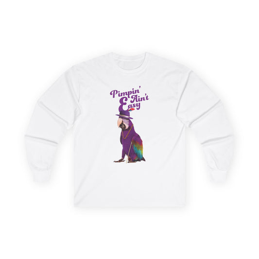 Funny parrot shirt with text “Pimpin’ Ain’t Easy” featuring a purple parrot wearing a golden chain, cane, and feathered hat.