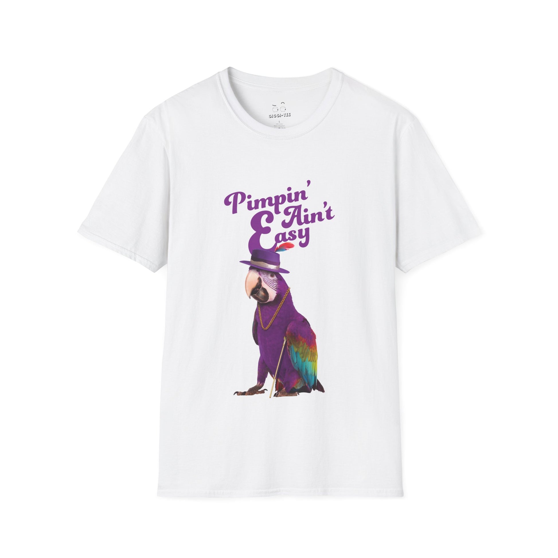 Funny parrot shirt with text “Pimpin’ Ain’t Easy” featuring a purple parrot wearing a golden chain, cane, and feathered hat.