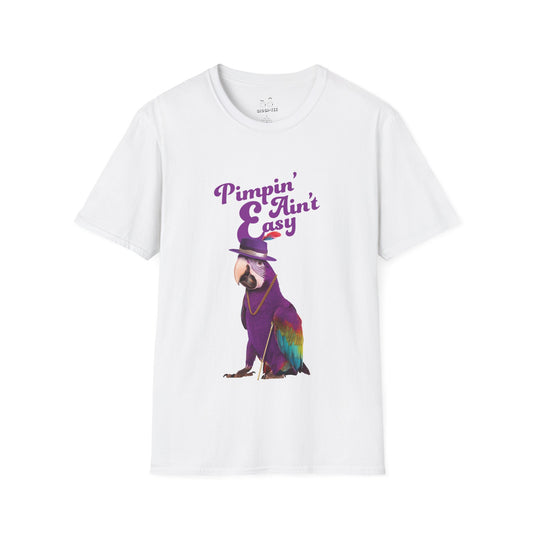 Funny parrot shirt with text “Pimpin’ Ain’t Easy” featuring a purple parrot wearing a golden chain, cane, and feathered hat.