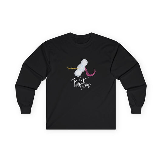 Parody of Pink Floyd’s Dark Side of the Moon album cover reimagined with a tampon prism, humorous Pink Flood pun on a t-shirt.