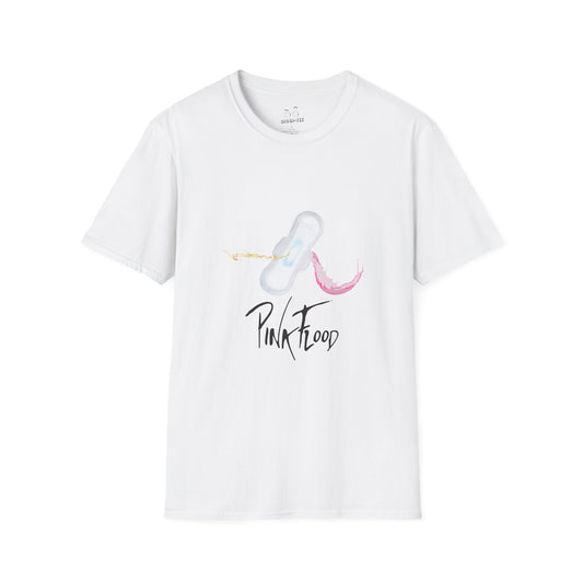Parody of Pink Floyd’s Dark Side of the Moon album cover reimagined with a tampon prism, humorous Pink Flood pun on a t-shirt.