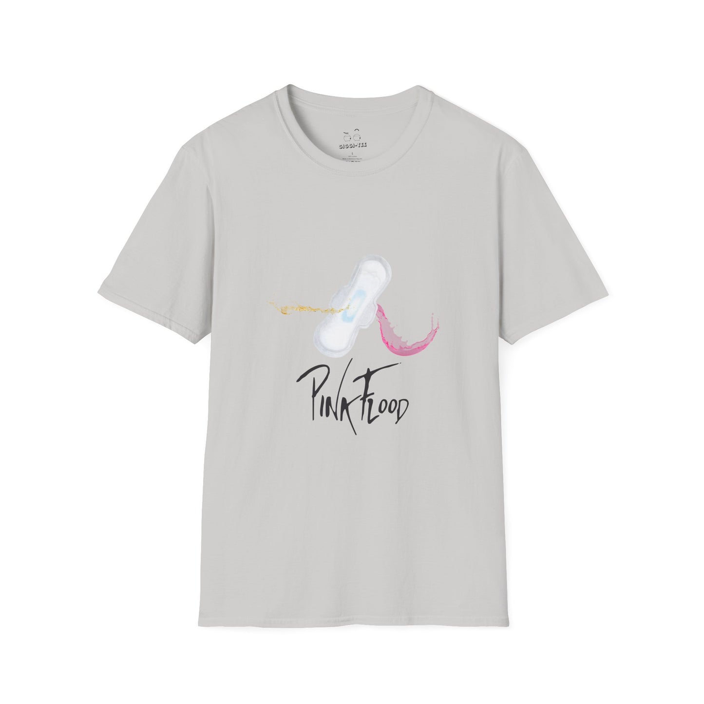 Parody of Pink Floyd’s Dark Side of the Moon album cover reimagined with a tampon prism, humorous Pink Flood pun on a t-shirt.