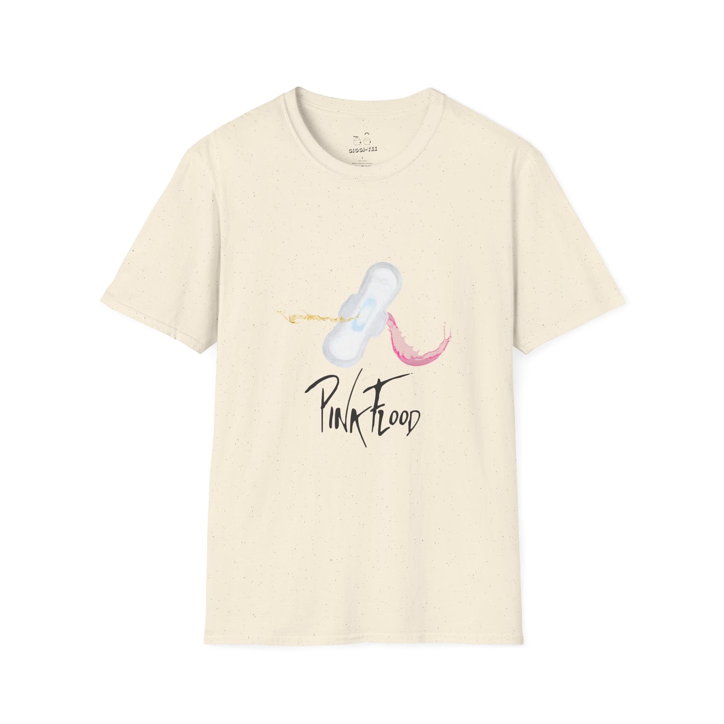 Parody of Pink Floyd’s Dark Side of the Moon album cover reimagined with a tampon prism, humorous Pink Flood pun on a t-shirt.