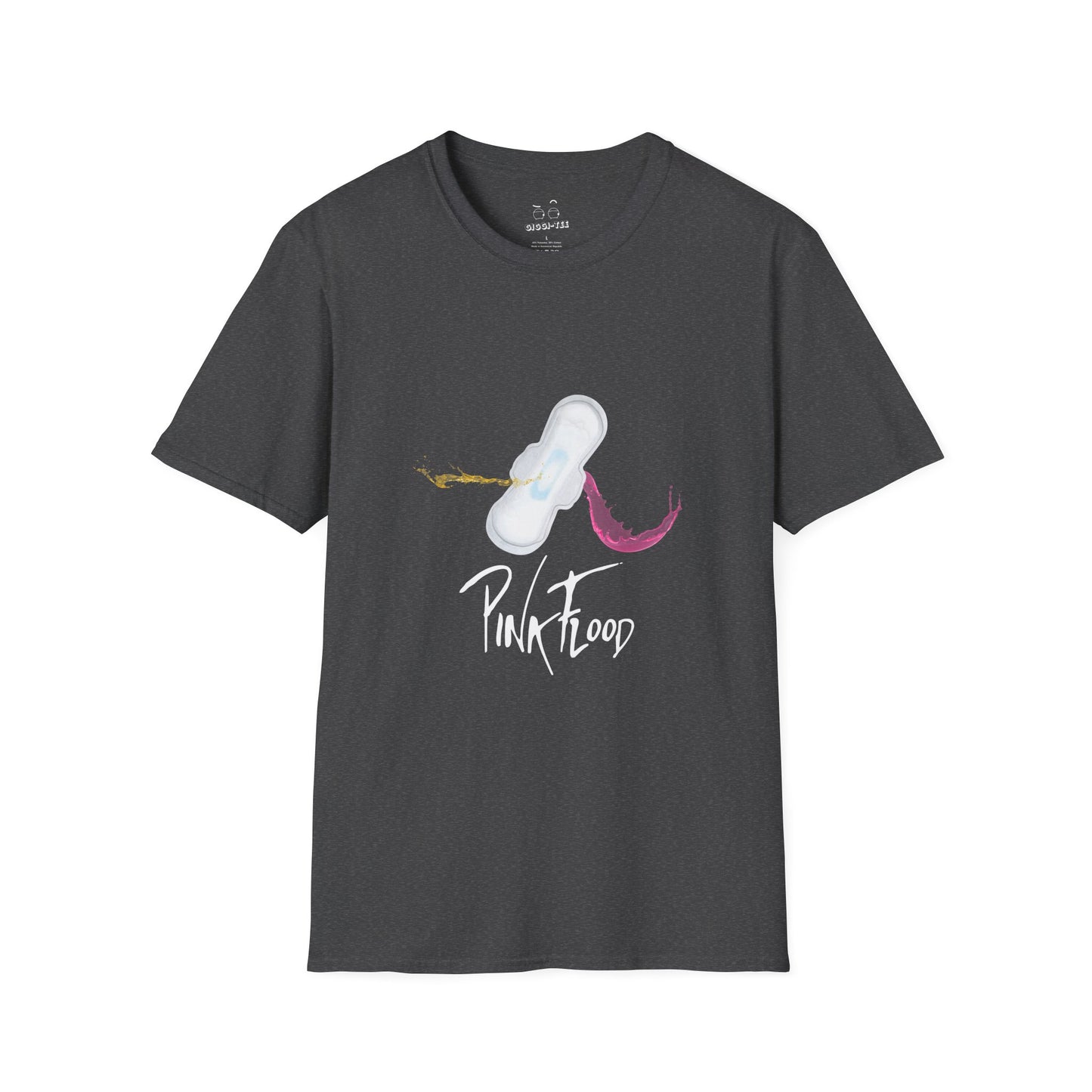 Parody of Pink Floyd’s Dark Side of the Moon album cover reimagined with a tampon prism, humorous Pink Flood pun on a t-shirt.