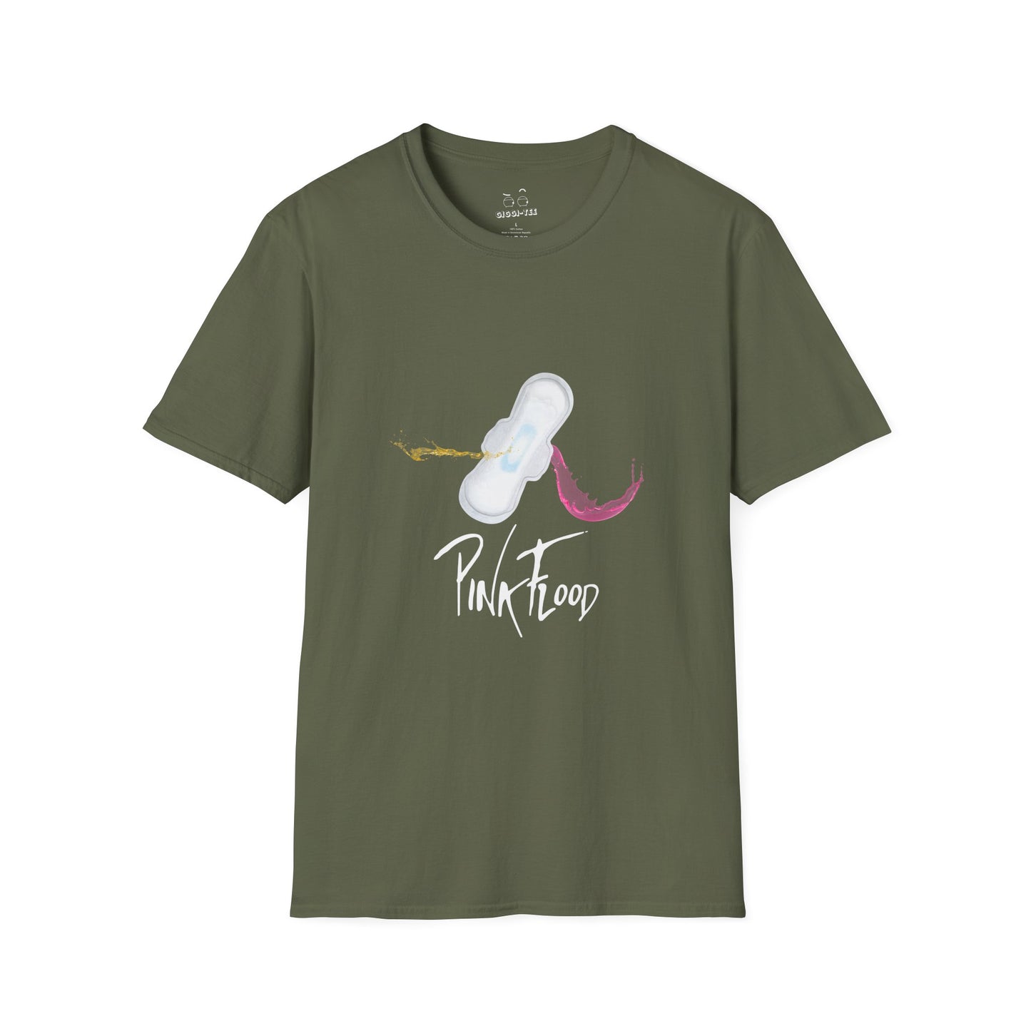 Parody of Pink Floyd’s Dark Side of the Moon album cover reimagined with a tampon prism, humorous Pink Flood pun on a t-shirt.