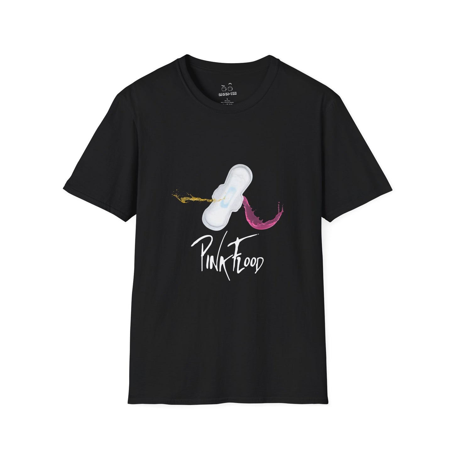 Parody of Pink Floyd’s Dark Side of the Moon album cover reimagined with a tampon prism, humorous Pink Flood pun on a t-shirt.