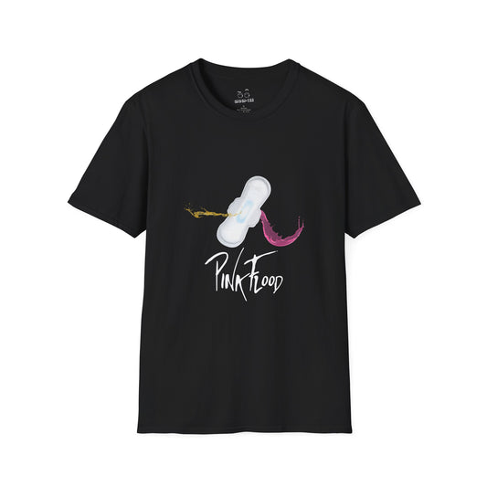 Parody of Pink Floyd’s Dark Side of the Moon album cover reimagined with a tampon prism, humorous Pink Flood pun on a t-shirt.