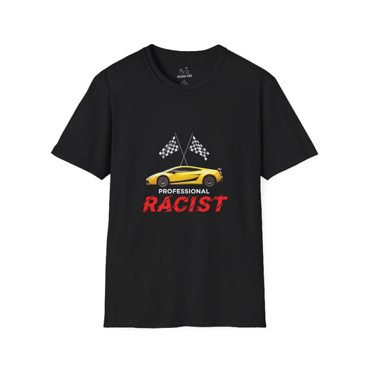 Yellow sports car with two crossed checkered racing flags above, accompanied by the text "Professional RACIST" in black and red letters.