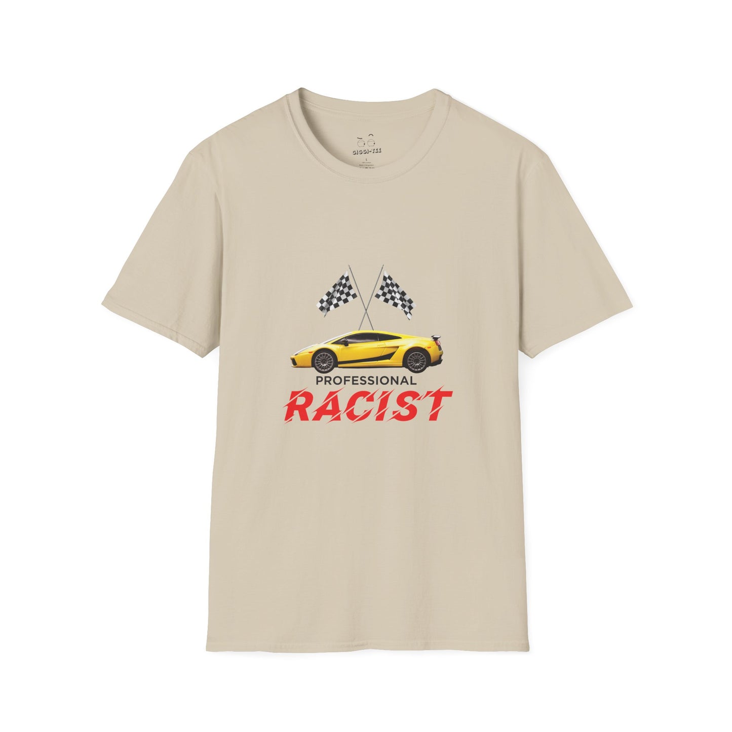 Yellow sports car with two crossed checkered racing flags above, accompanied by the text "Professional RACIST" in black and red letters.