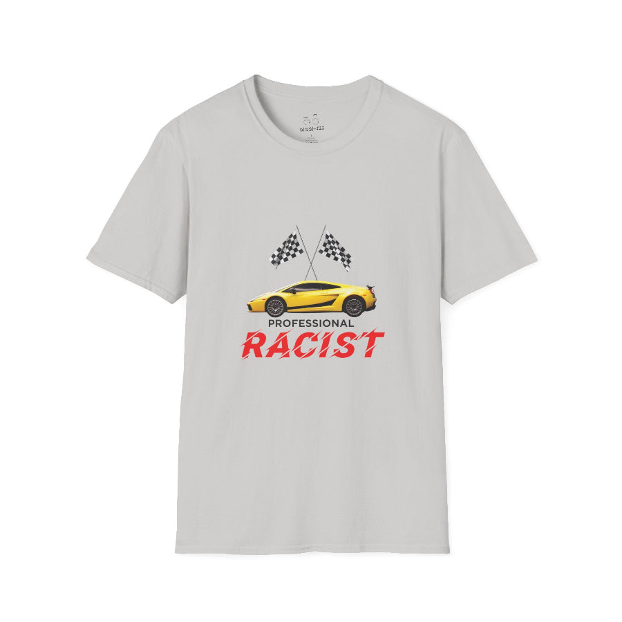 Yellow sports car with two crossed checkered racing flags above, accompanied by the text "Professional RACIST" in black and red letters.