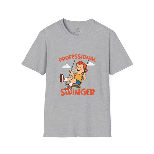 Humorous t-shirt design of a young boy happily swinging on a playground swing with the text ‘Professional Swinger,’ a playful double-meaning joke on the word swinging.