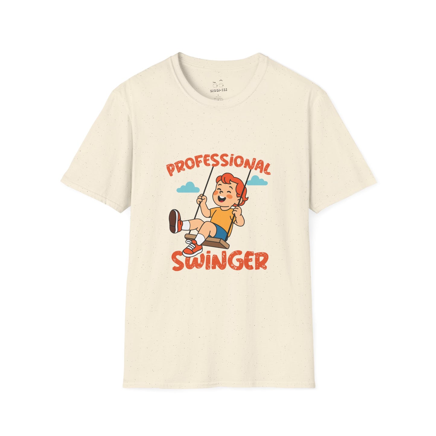 Humorous t-shirt design of a young boy happily swinging on a playground swing with the text ‘Professional Swinger,’ a playful double-meaning joke on the word swinging.