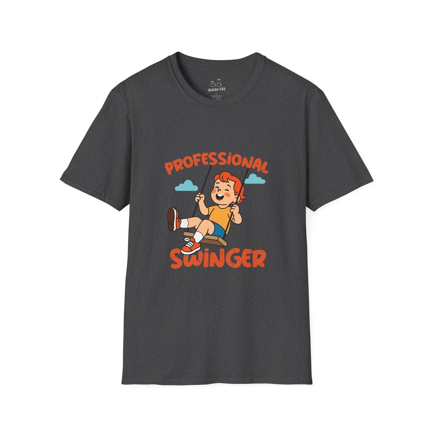 Humorous t-shirt design of a young boy happily swinging on a playground swing with the text ‘Professional Swinger,’ a playful double-meaning joke on the word swinging.