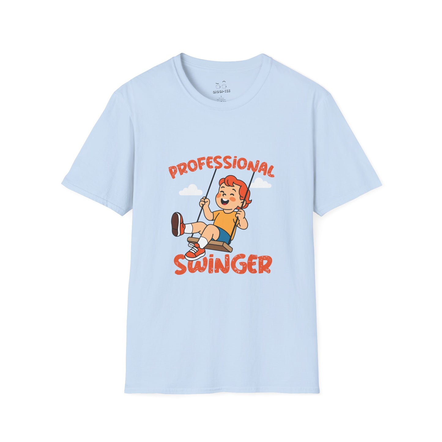 Humorous t-shirt design of a young boy happily swinging on a playground swing with the text ‘Professional Swinger,’ a playful double-meaning joke on the word swinging.