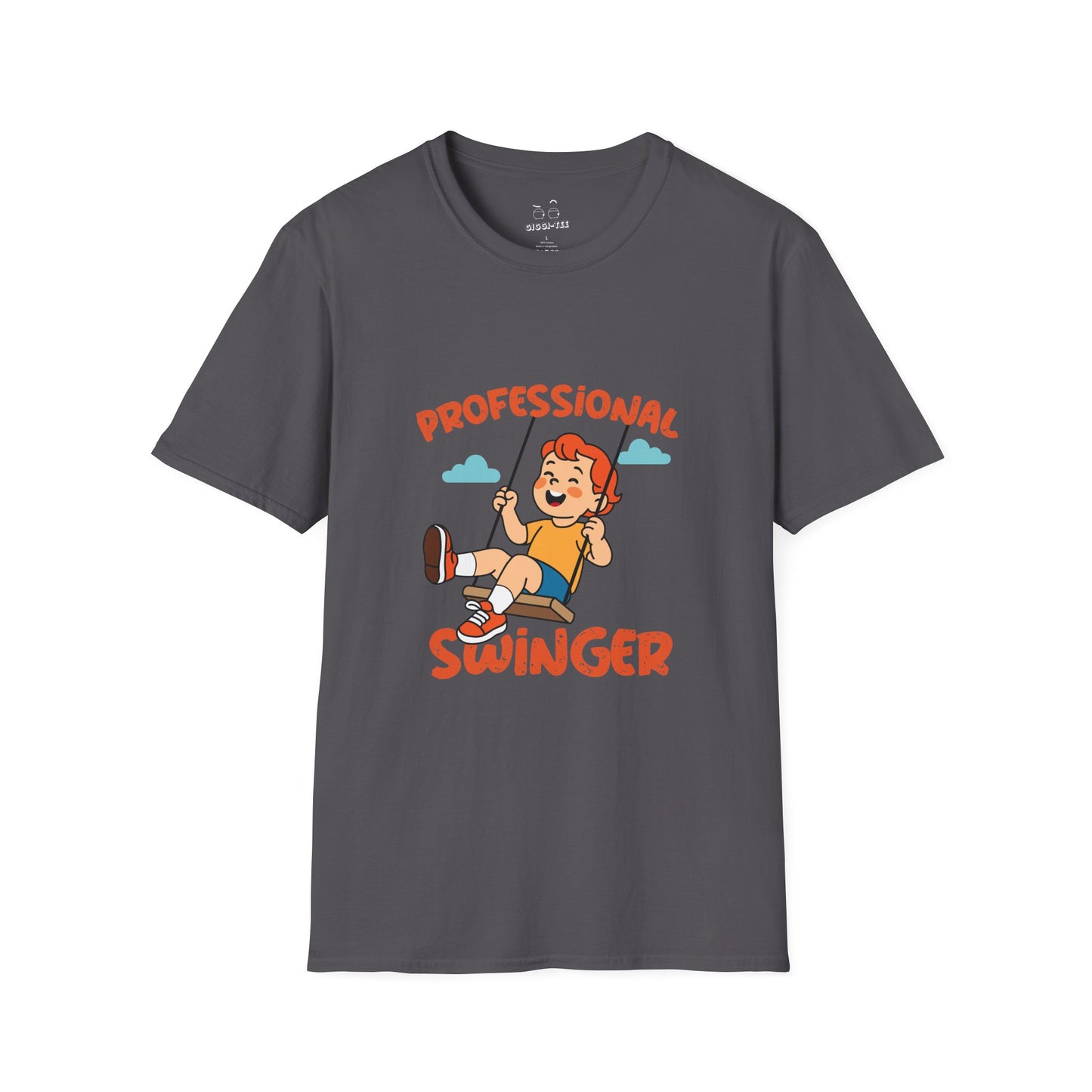 Humorous t-shirt design of a young boy happily swinging on a playground swing with the text ‘Professional Swinger,’ a playful double-meaning joke on the word swinging.
