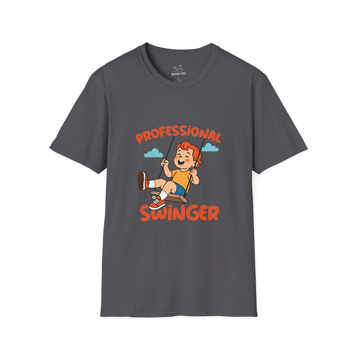 Humorous t-shirt design of a young boy happily swinging on a playground swing with the text ‘Professional Swinger,’ a playful double-meaning joke on the word swinging.