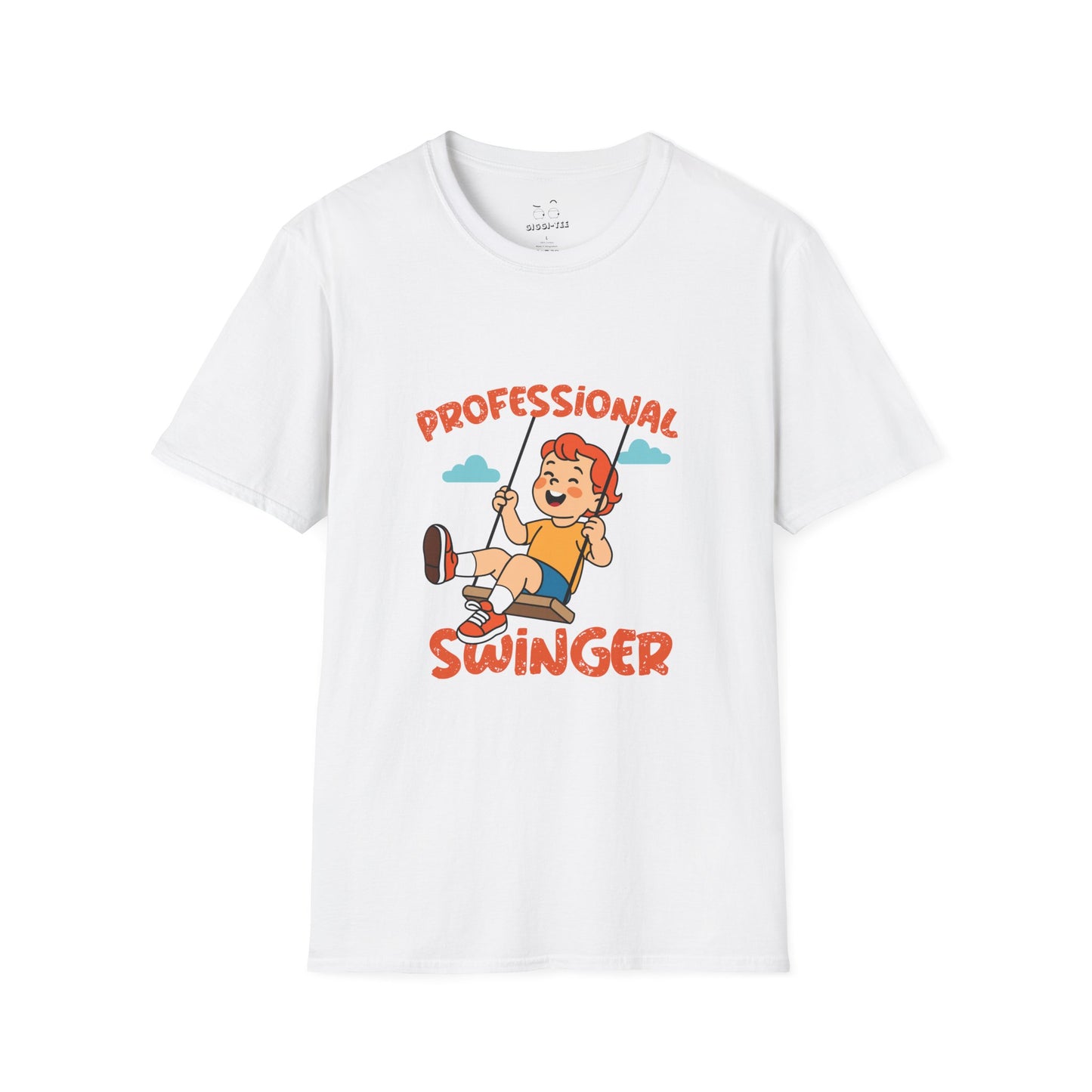 Humorous t-shirt design of a young boy happily swinging on a playground swing with the text ‘Professional Swinger,’ a playful double-meaning joke on the word swinging.