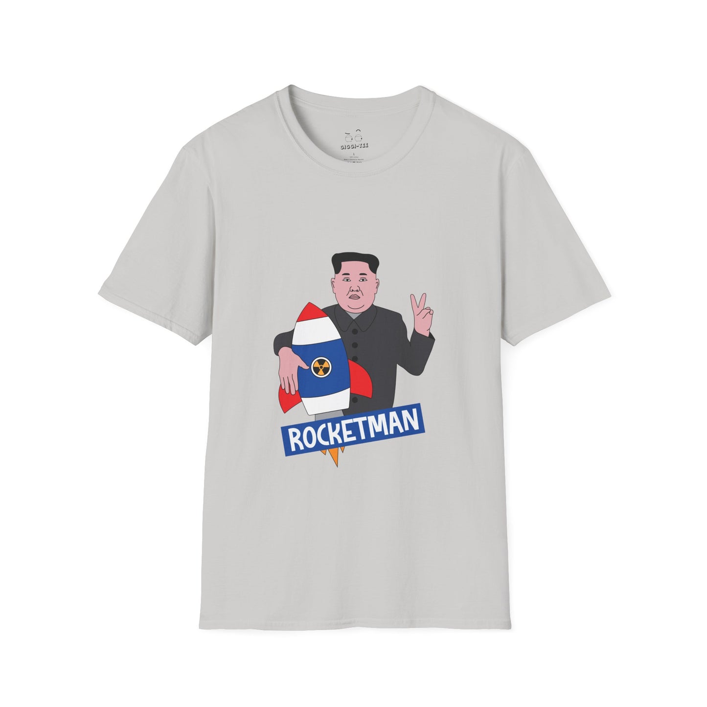 Kim Jong-Un parody shirt holding a rocket and flashing the victory sign — political satire funny t-shirt