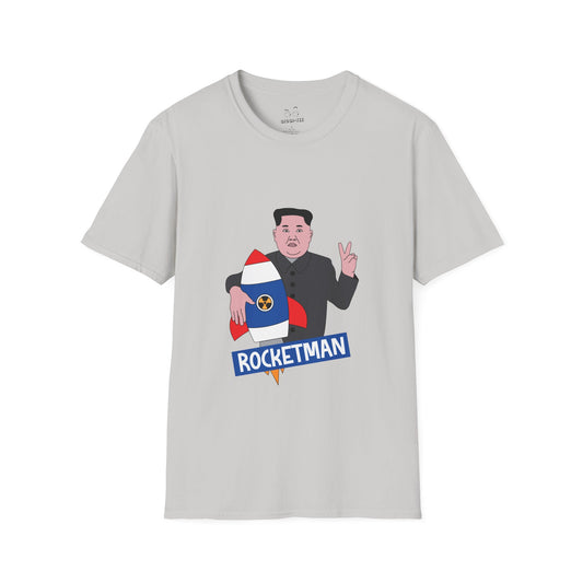 Kim Jong-Un parody shirt holding a rocket and flashing the victory sign — political satire funny t-shirt