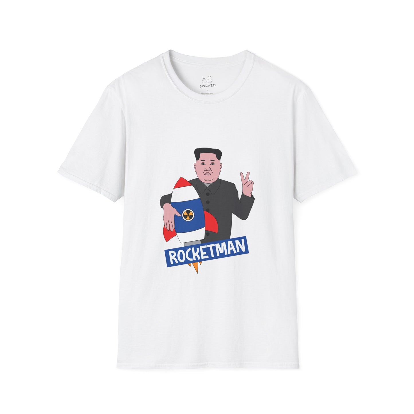 Kim Jong-Un parody shirt holding a rocket and flashing the victory sign — political satire funny t-shirt