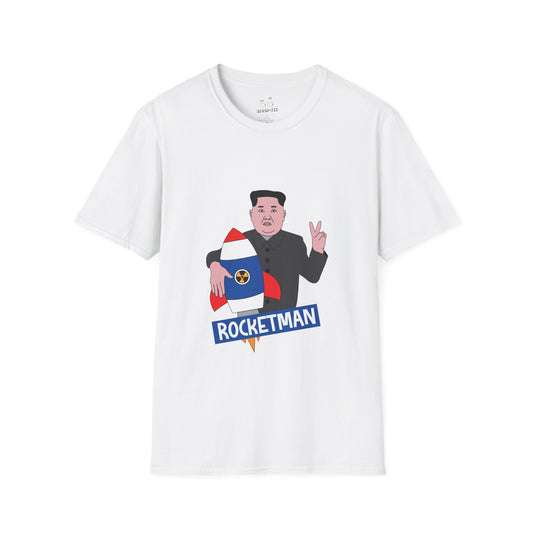 Kim Jong-Un parody shirt holding a rocket and flashing the victory sign — political satire funny t-shirt