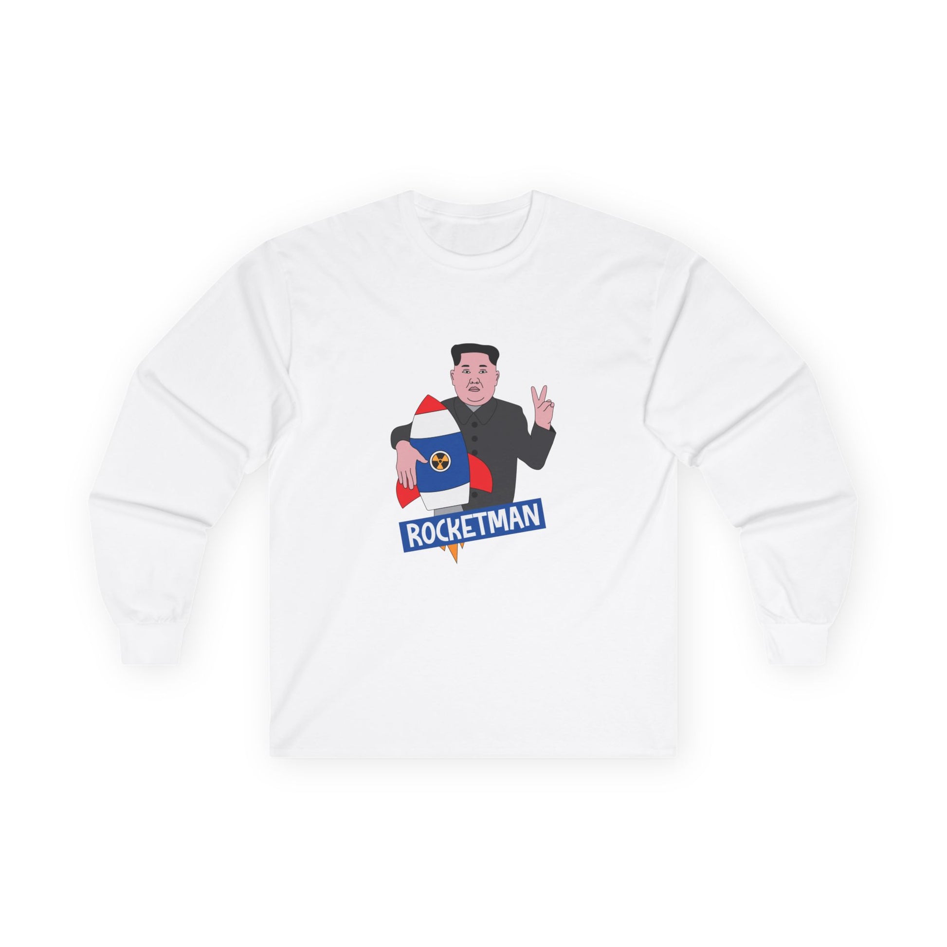 Kim Jong-Un parody shirt holding a rocket and flashing the victory sign — political satire funny t-shirt