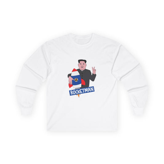 Kim Jong-Un parody shirt holding a rocket and flashing the victory sign — political satire funny t-shirt