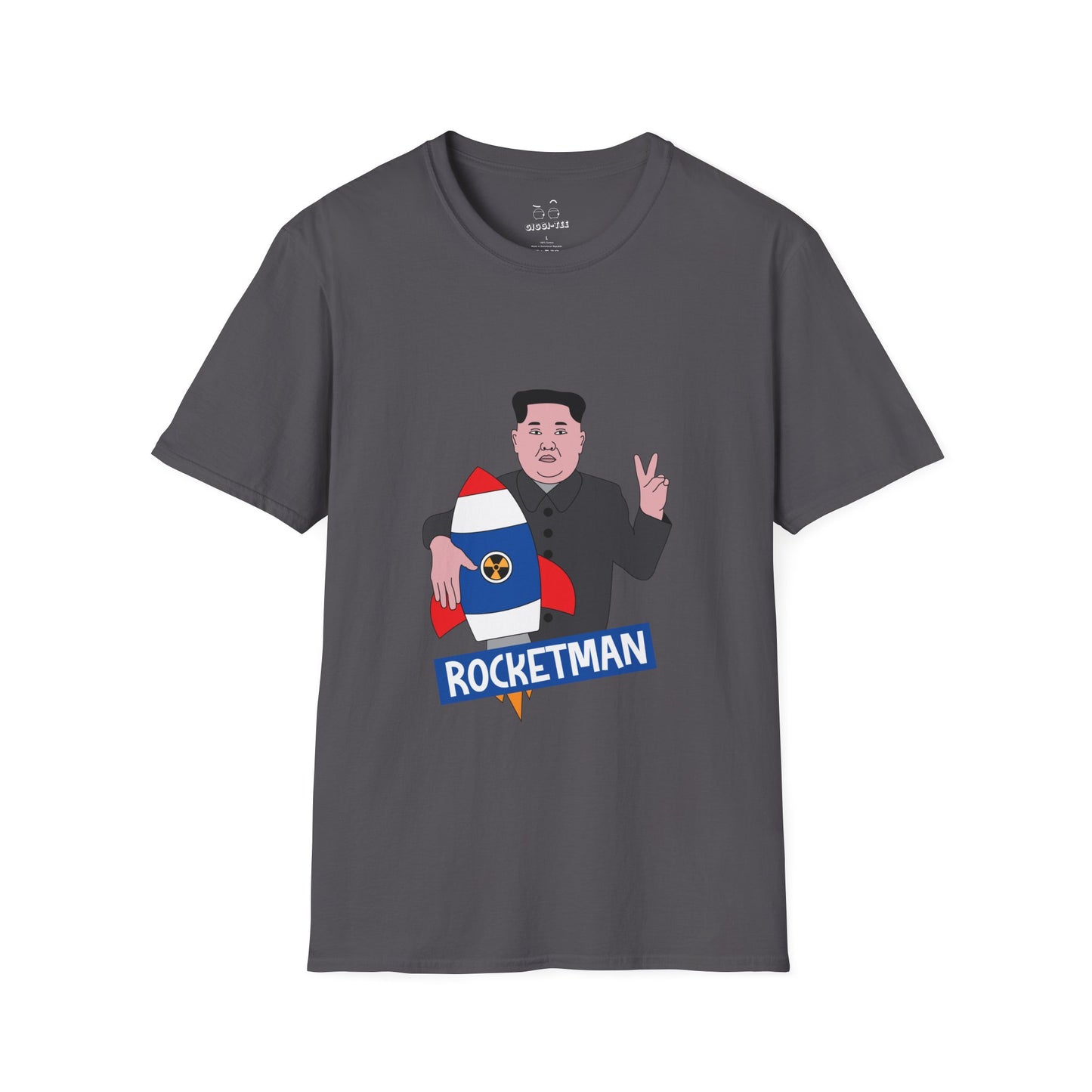 Kim Jong-Un parody shirt holding a rocket and flashing the victory sign — political satire funny t-shirt