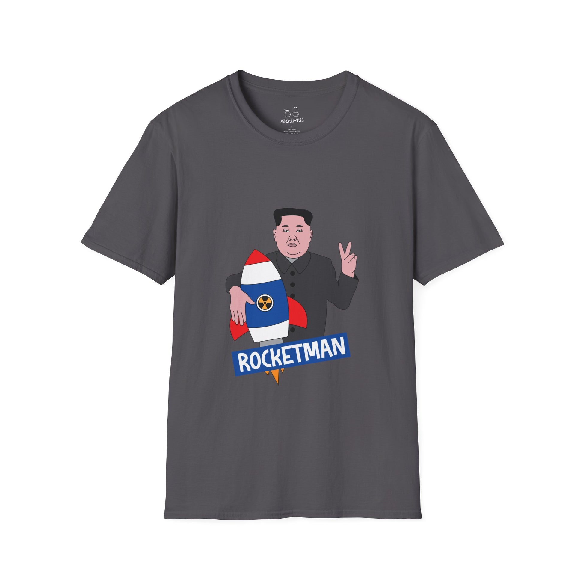 Kim Jong-Un parody shirt holding a rocket and flashing the victory sign — political satire funny t-shirt