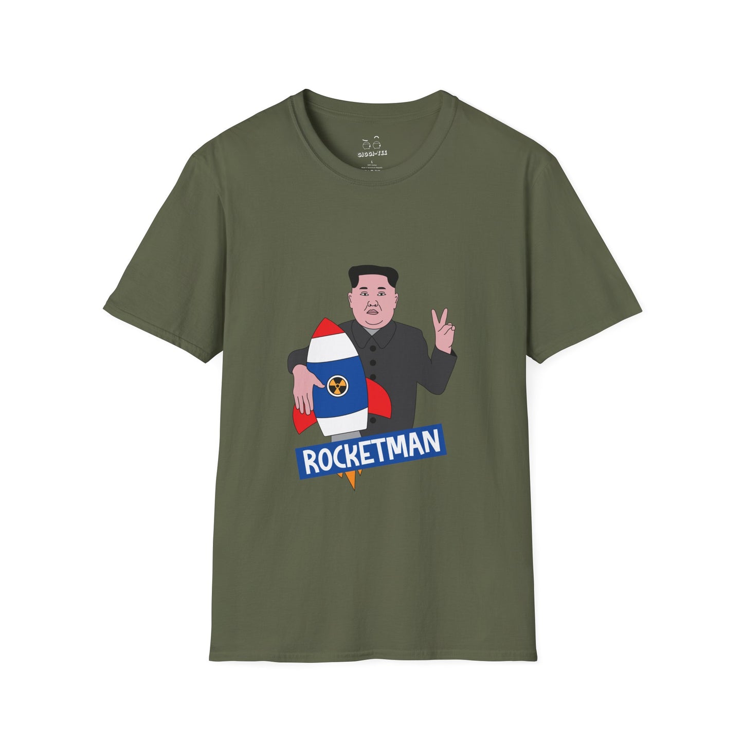Kim Jong-Un parody shirt holding a rocket and flashing the victory sign — political satire funny t-shirt