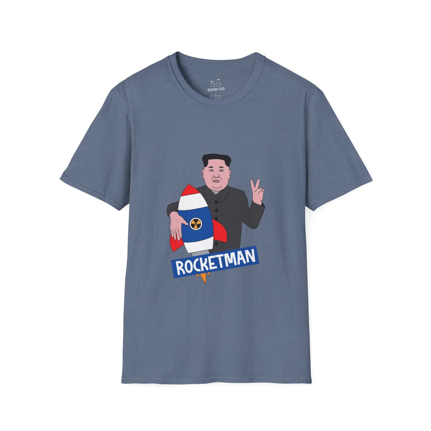 Kim Jong-Un parody shirt holding a rocket and flashing the victory sign — political satire funny t-shirt