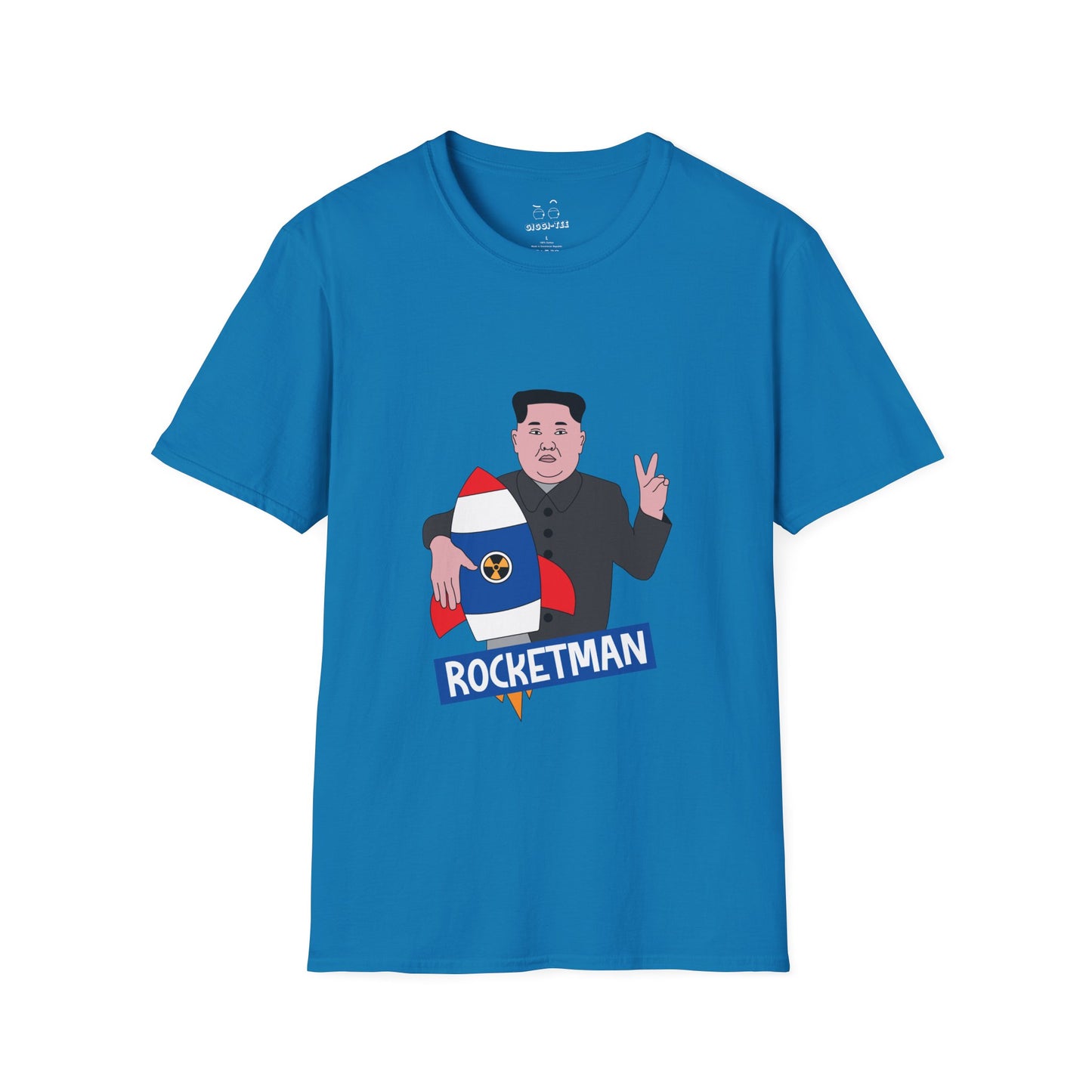 Kim Jong-Un parody shirt holding a rocket and flashing the victory sign — political satire funny t-shirt