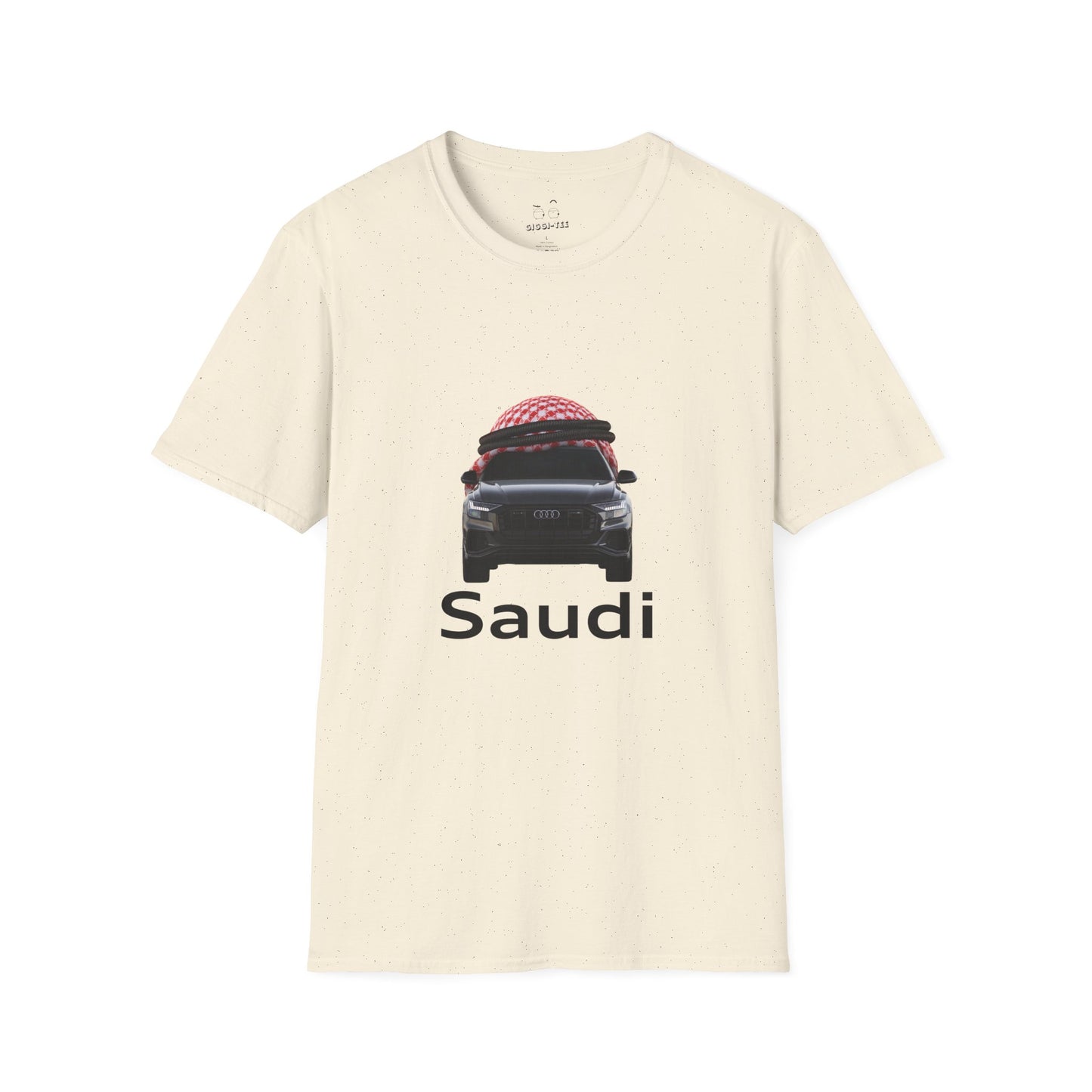 Illustration of an Audi car wearing a traditional Saudi shamagh headscarf in a bold, humorous style