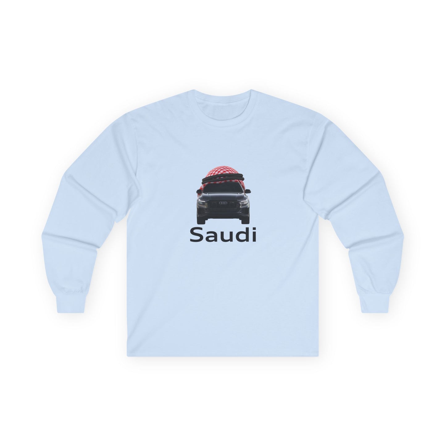 A t-shirt graphic featuring a front-facing Audi car wearing a red and white Saudi shamagh on its roof like a traditional headdress, styled in a modern streetwear aesthetic.