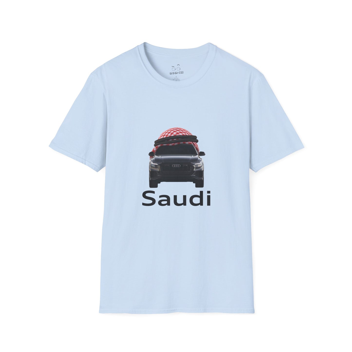 Illustration of an Audi car wearing a traditional Saudi shamagh headscarf in a bold, humorous style