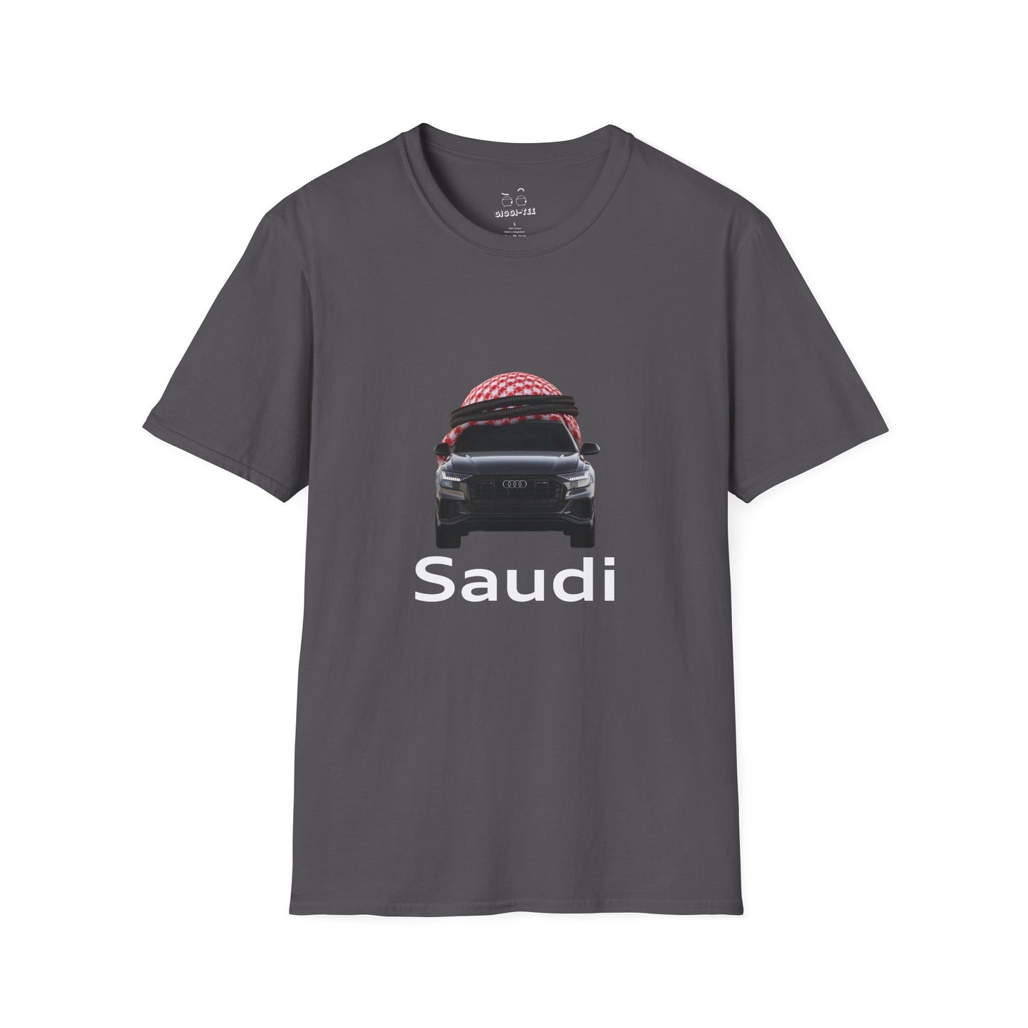 Illustration of an Audi car wearing a traditional Saudi shamagh headscarf in a bold, humorous style