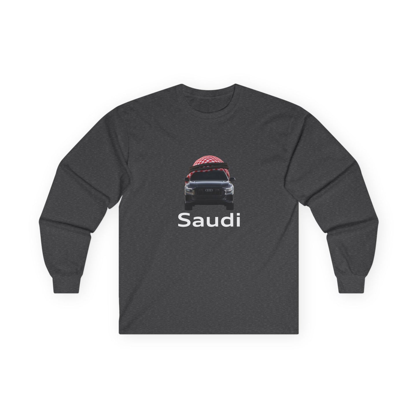 A t-shirt graphic featuring a front-facing Audi car wearing a red and white Saudi shamagh on its roof like a traditional headdress, styled in a modern streetwear aesthetic.