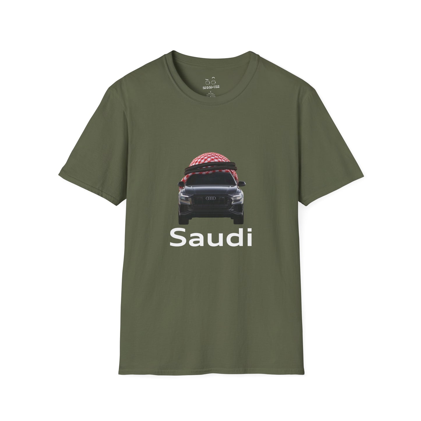 Illustration of an Audi car wearing a traditional Saudi shamagh headscarf in a bold, humorous style