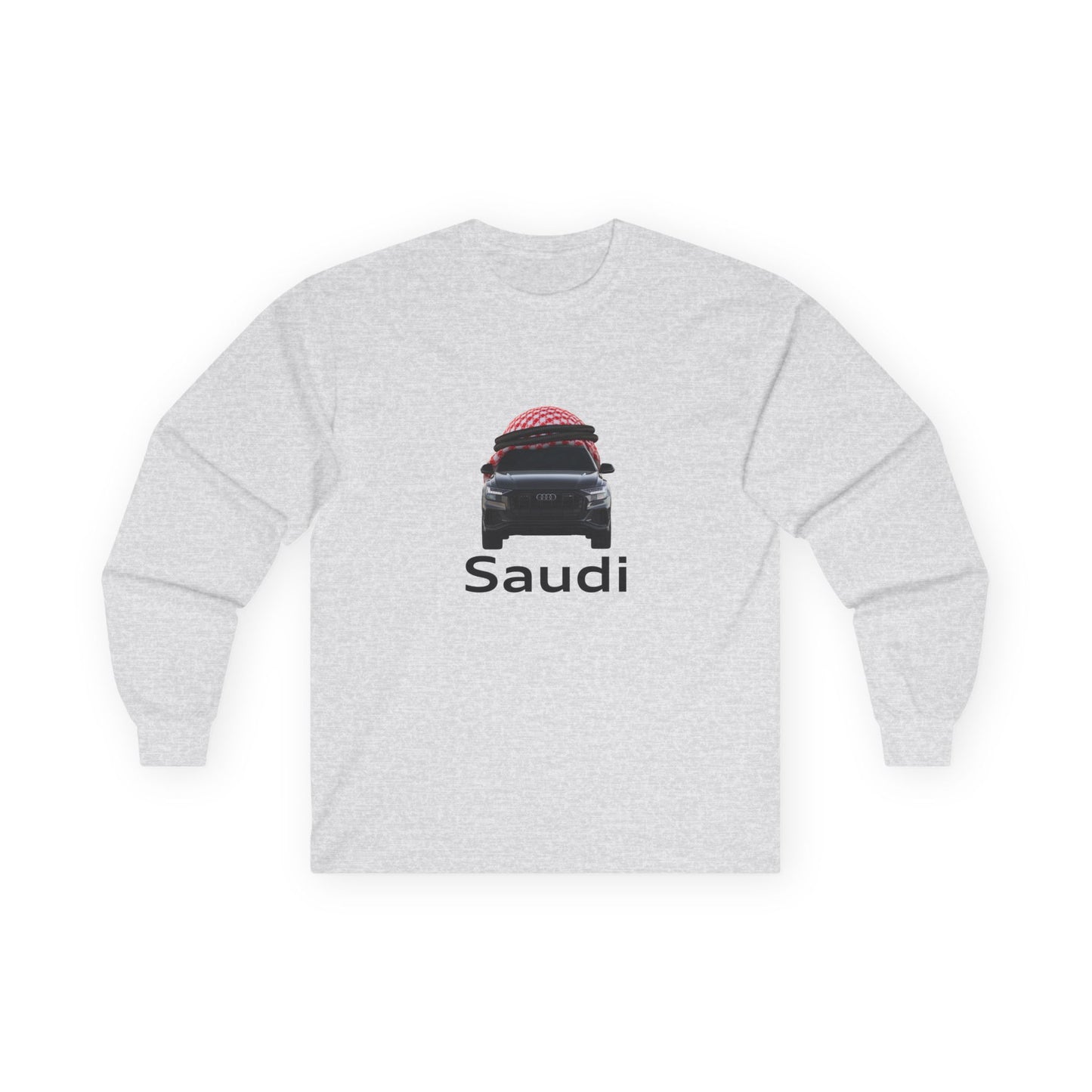 A t-shirt graphic featuring a front-facing Audi car wearing a red and white Saudi shamagh on its roof like a traditional headdress, styled in a modern streetwear aesthetic.